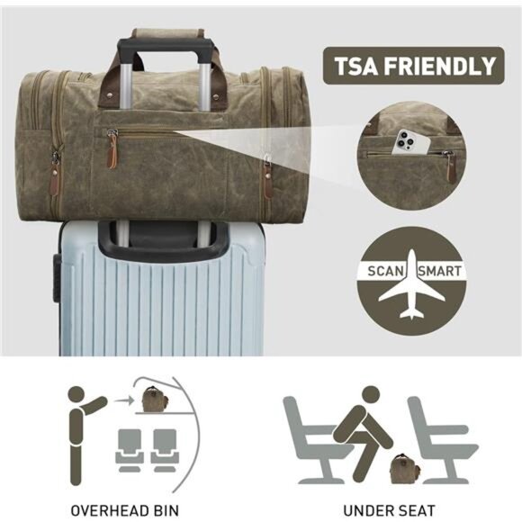 Duffle Bag for Travel, 50L Waterproof Waxed Canvas Genuine Leather Weekender Bag - Picture 6 of 7